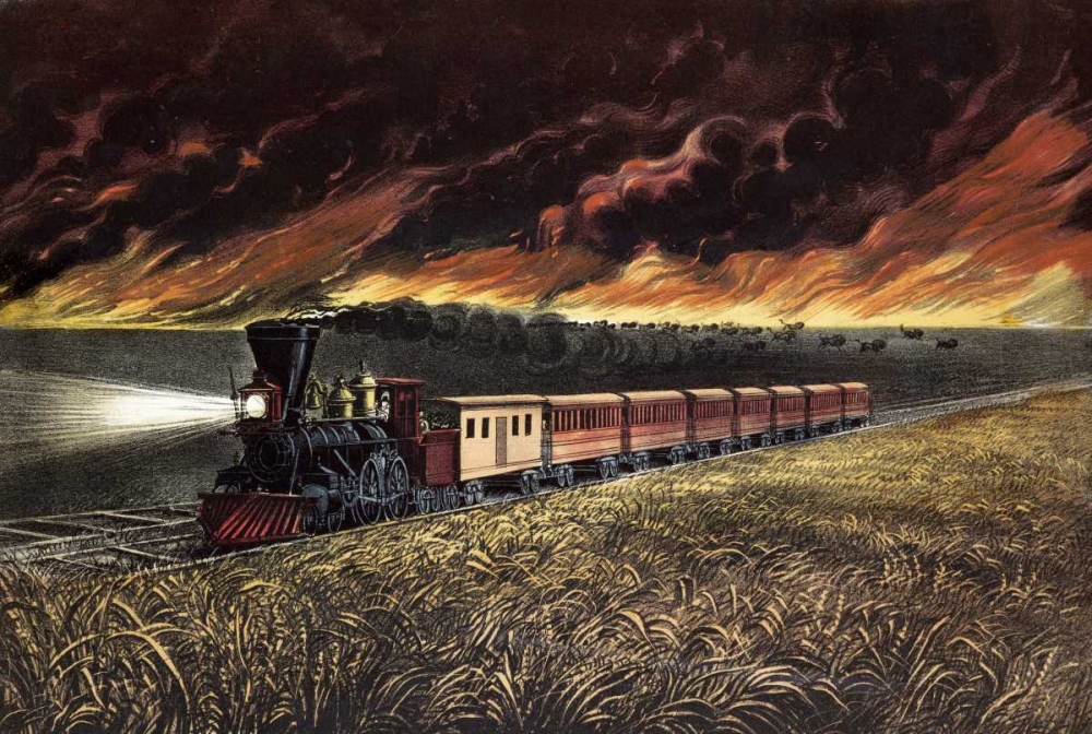 Wall Art Painting id:89481, Name: Prairie Fires of The Great West, Artist: Currier and Ives