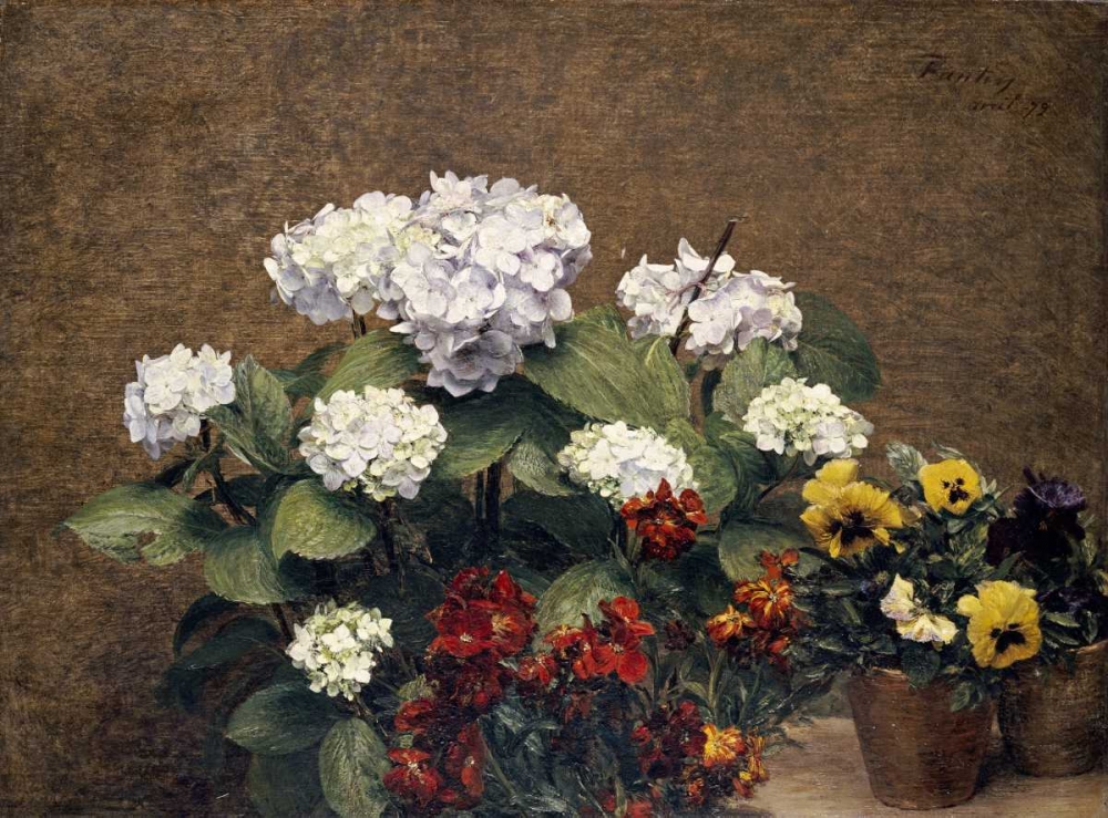 Wall Art Painting id:89563, Name: Hydrangeas, Wallflowers and Two Pots of Pansies, Artist: Fantin-Latour, Henri