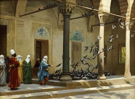 Wall Art Painting id:185201, Name: Harem Women Feeding Pigeons In a Courtyard, Artist: Gerome, Jean Leon