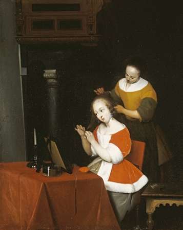Wall Art Painting id:185480, Name: A Young Lady Having Her Hair Combed By a Maid, Artist: Ter Borch, Gerard