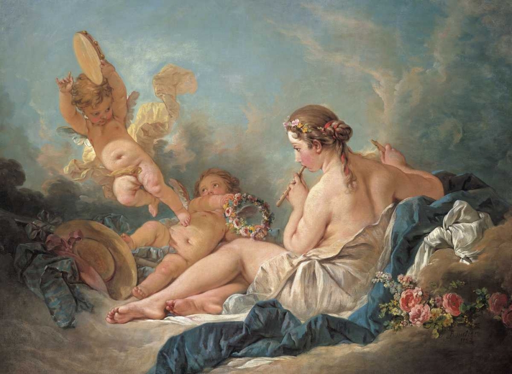 Wall Art Painting id:90232, Name: Nymph Playing The Flute With Putti, Artist: Boucher, Francois