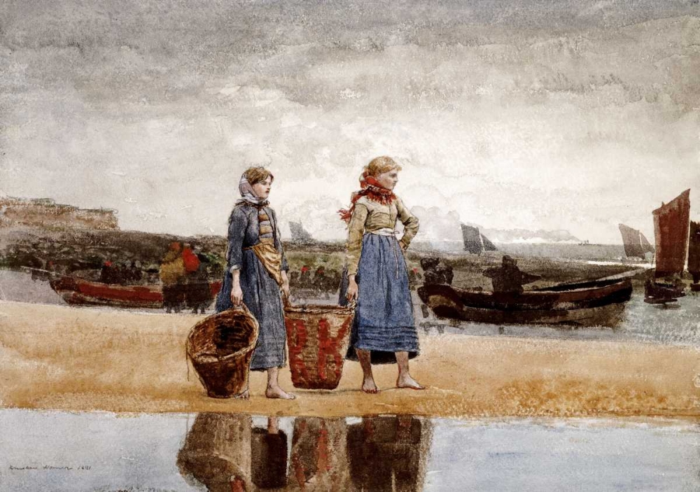 Wall Art Painting id:90409, Name: Two Girls on The Beach, Tynemouth, Artist: Homer, Winslow