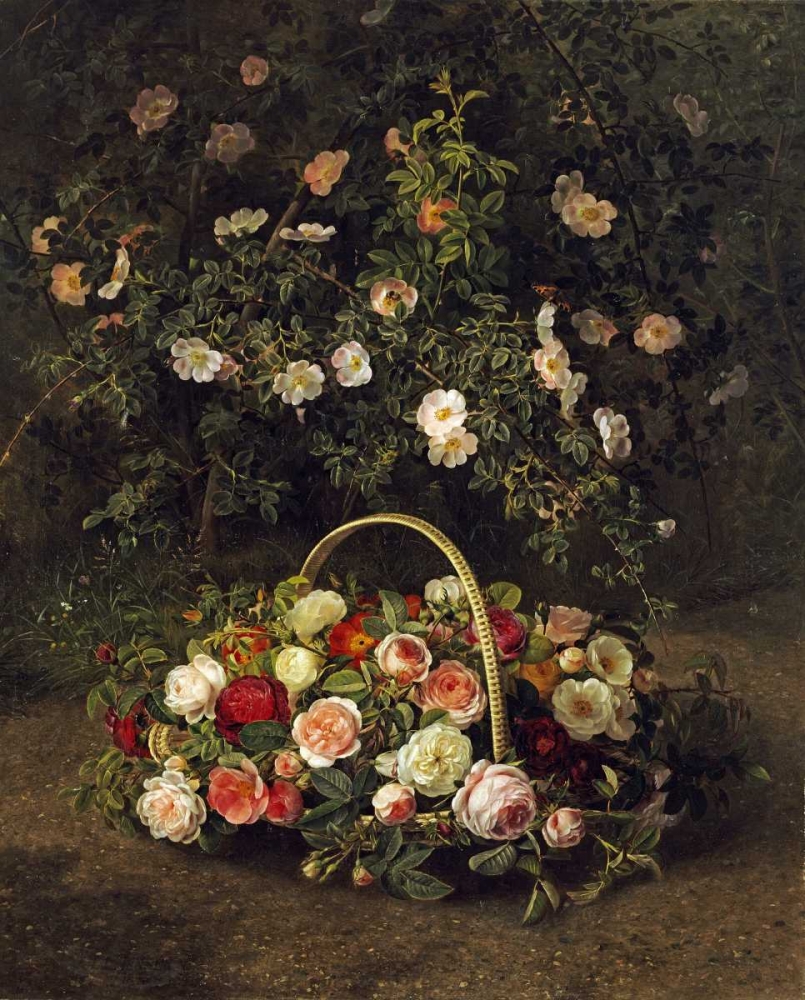 Wall Art Painting id:90435, Name: Roses In a Basket Beside a Rose Bush, Artist: Jensen, Johan Laurents