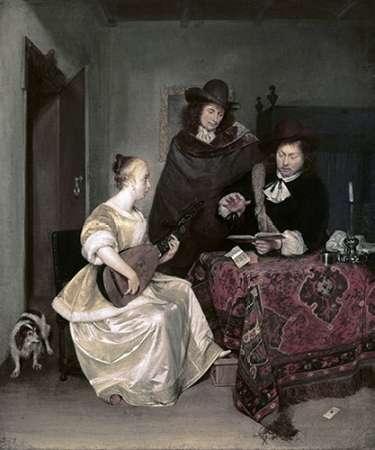 Wall Art Painting id:185875, Name: Young Woman Playing The Theorbo To Two Men, Artist: Ter Borch, Gerard