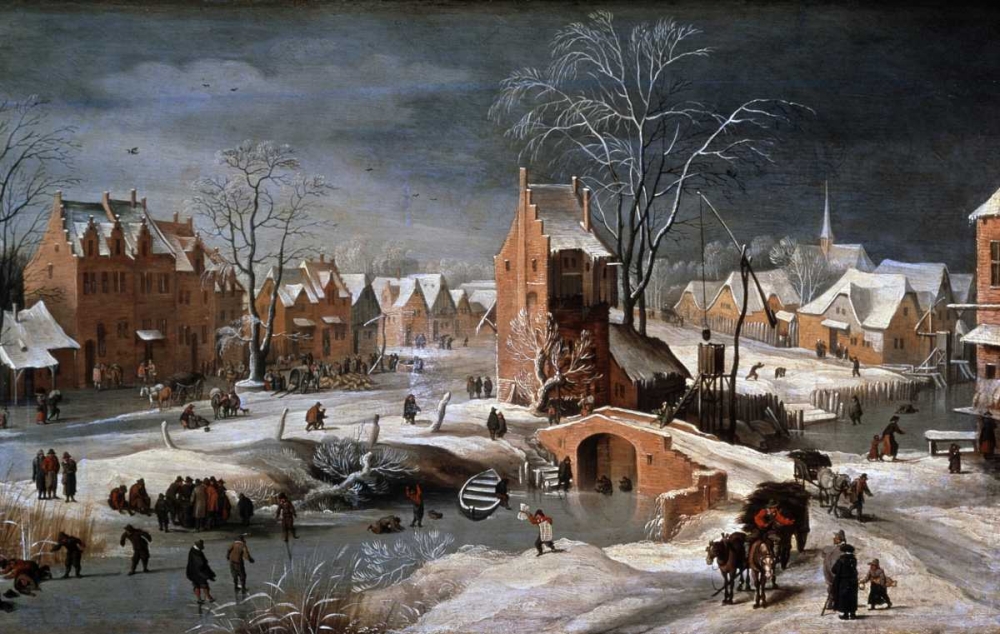 Wall Art Painting id:90790, Name: Winter Scene With Ice Skaters and Birds, Artist: Bruegel, Pieter the Younger