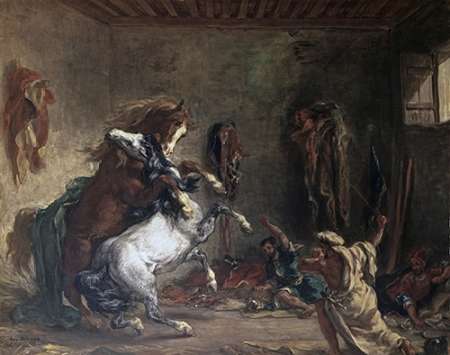 Wall Art Painting id:186027, Name: Arabian Horses Fighting In a Stable, Artist: Delacroix, Eugene