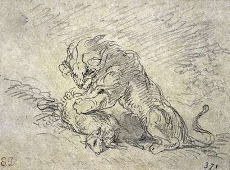 Wall Art Painting id:186036, Name: Lion Consuming a Sheep, Artist: Delacroix, Eugene