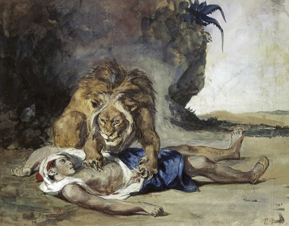 Wall Art Painting id:90974, Name: Lion Rending Apart a Corpse, Artist: Delacroix, Eugene