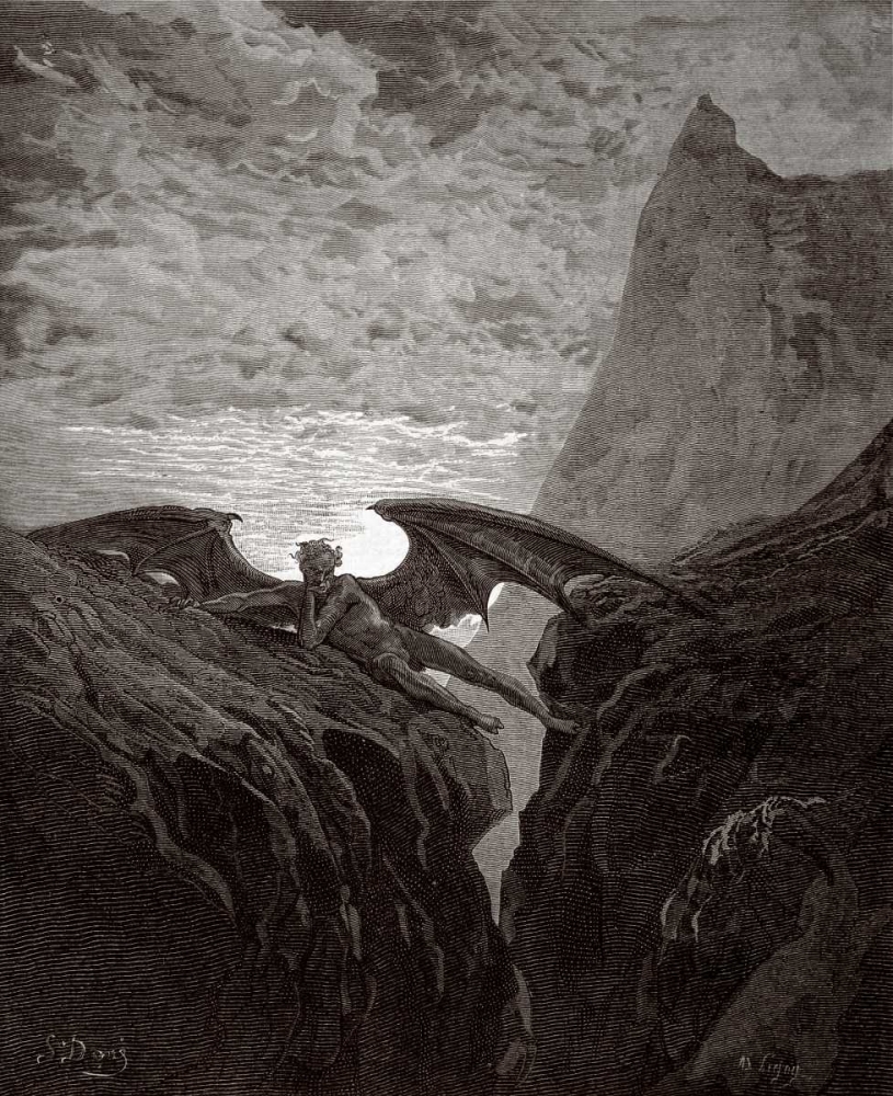 Wall Art Painting id:90985, Name: Satan Resting On The Mountain - from Miltons Paradise Lost, Artist: Dore, Gustave