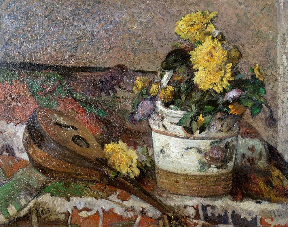 Wall Art Painting id:267343, Name: Mandolin and Vase of Flowers, Artist: Gauguin, Paul