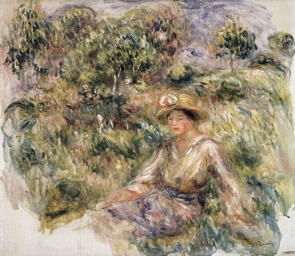 Wall Art Painting id:268529, Name: Femme en bleu en chapeau assise sur lherbe, Artist: Renoir, Pierre-Auguste