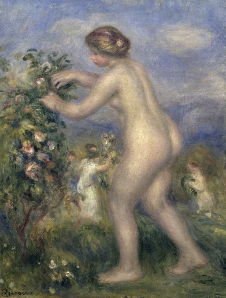 Wall Art Painting id:91540, Name: Young Nude Girl Picking Flowers, Artist: Renoir, Pierre-Auguste
