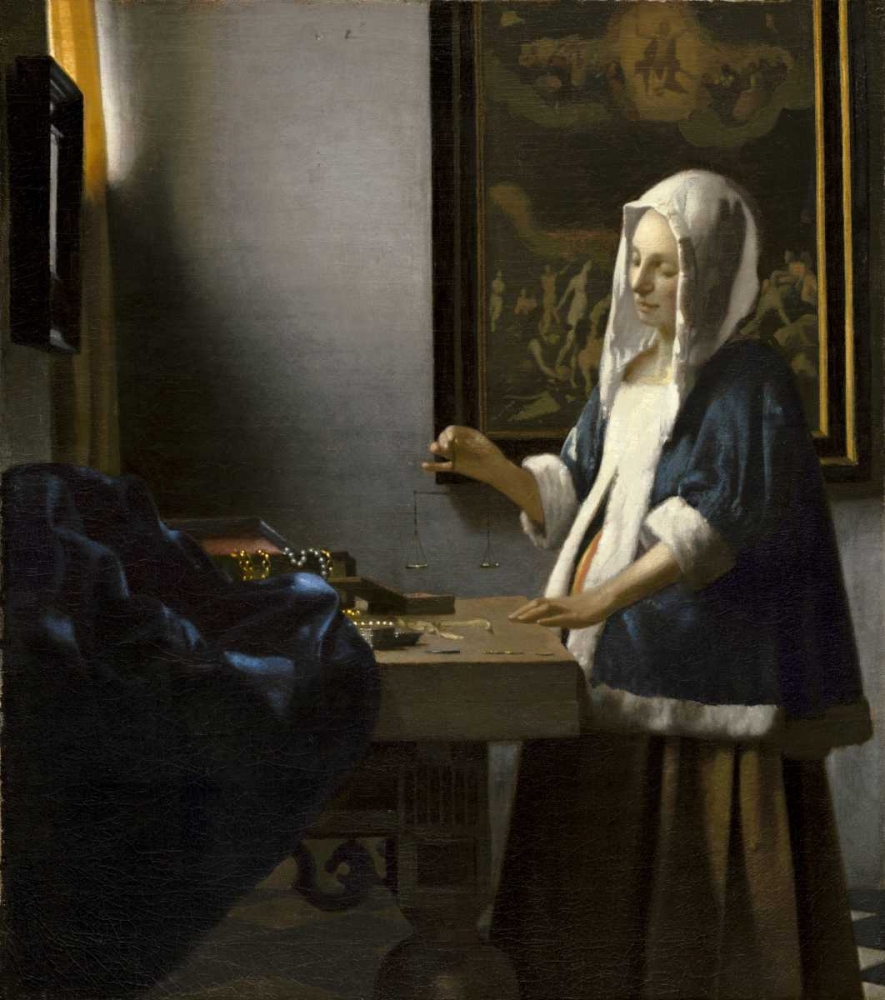 Wall Art Painting id:91802, Name: Woman Holding a Balance, Artist: Vermeer, Johannes