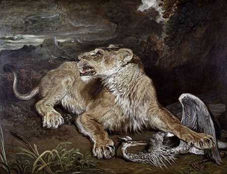 Wall Art Painting id:186758, Name: A Lioness and a Heron, Artist: Ward, James