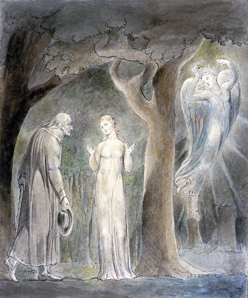 Wall Art Painting id:265897, Name: Comus, Disguised as a Rustic, Addresses the Lady in the Wood, Artist: Blake, William
