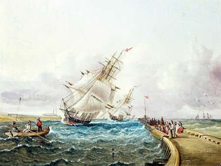 Wall Art Painting id:186804, Name: Square Rigged Ships off Jetty, Artist: Buttersworth, James E.