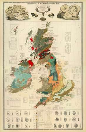 Wall Art Painting id:187294, Name: ComVintageite: Geological, palaeontological map British Islands, 1854, Artist: Johnston, Alexander Keith