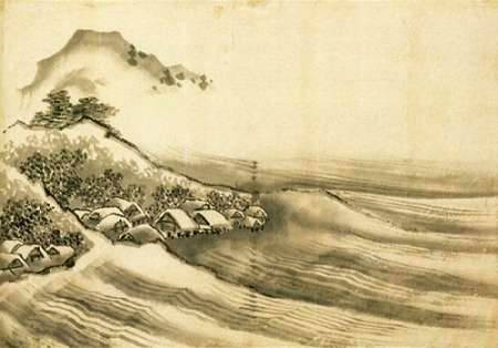 Wall Art Painting id:187640, Name: A Landscape With A Seaside Village 1840, Artist: Hokusai