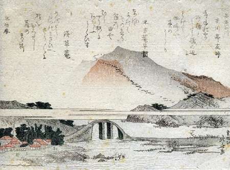 Wall Art Painting id:187641, Name: A Mountainous Landscape With A Bridge, Artist: Hokusai