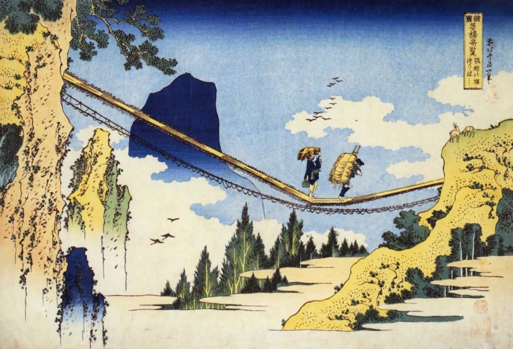Wall Art Painting id:92530, Name: Farmers Crossing A Suspension Bridge, Artist: Hokusai