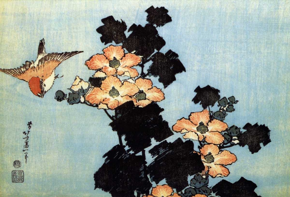 Wall Art Painting id:92532, Name: Hibiscus And Sparrow, Artist: Hokusai