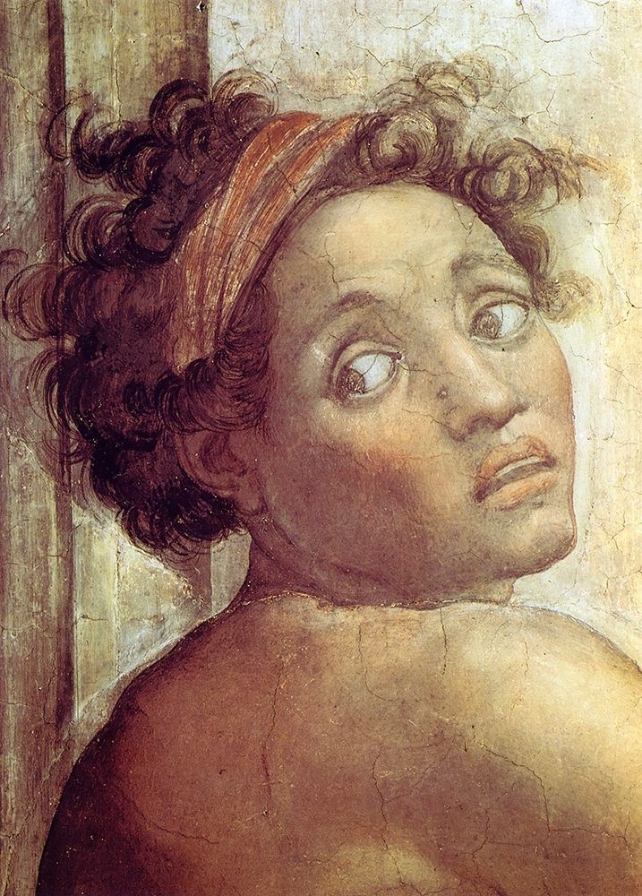 Wall Art Painting id:268033, Name: Nude Figure Next To The Scene Of Noahs Sacrifice Detail 1509, Artist: Michelangelo