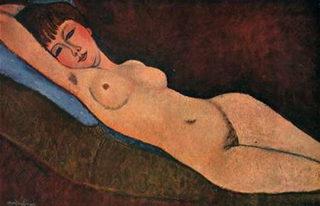 Wall Art Painting id:187950, Name: Reclining Nude Blue Cushion, Artist: Modigliani, Amedeo