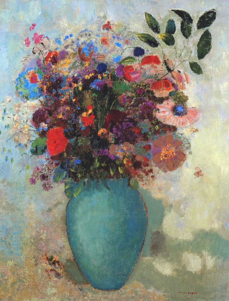 Wall Art Painting id:92809, Name: Flowers In A Turquoise Vase, Artist: Redon, Odilion