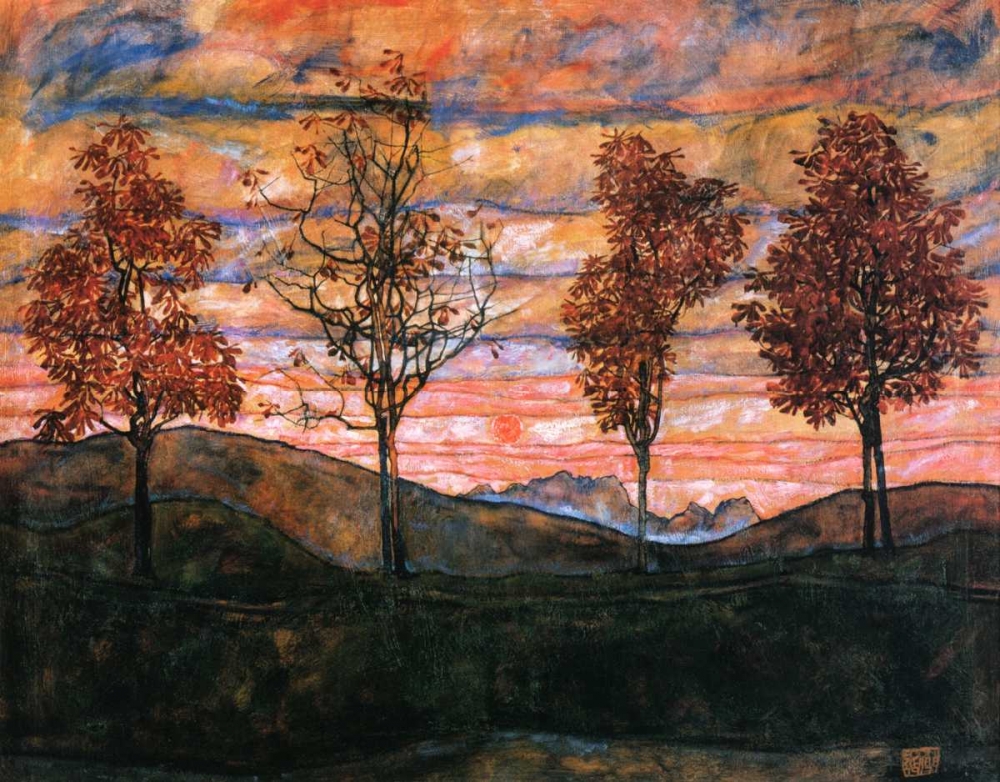 Wall Art Painting id:92899, Name: Four Trees 1917, Artist: Schiele, Egon