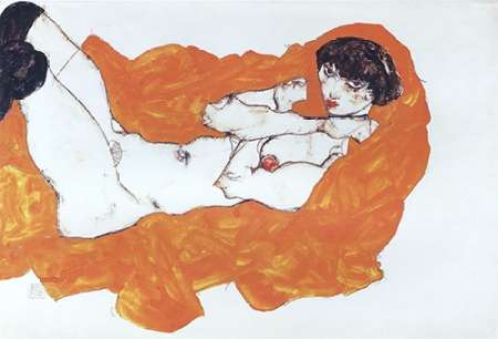 Wall Art Painting id:188103, Name: Reclining Female Nude On Red Drape, Artist: Schiele, Egon
