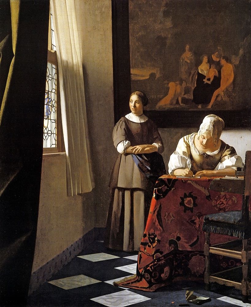 Wall Art Painting id:269991, Name: Lady Writing A Letter With Her Maid, Artist: Vermeer, Johannes