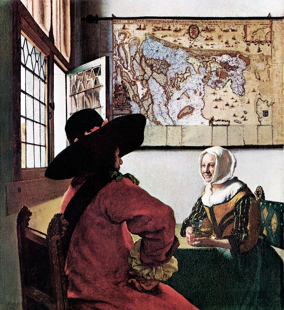 Wall Art Painting id:269992, Name: Soldier And Young Girl Smiling, Artist: Vermeer, Johannes