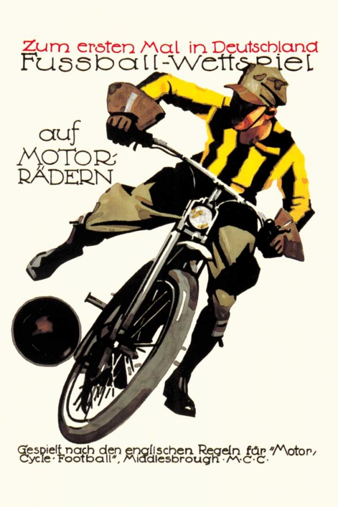 Wall Art Painting id:96756, Name: Soccer on Motorcycle, Artist: Unknown