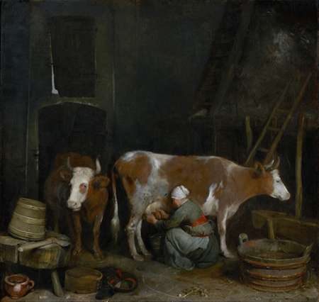 Wall Art Painting id:189097, Name: A Maid Milking a Cow in a Barn, Artist: Ter Borch, Gerard