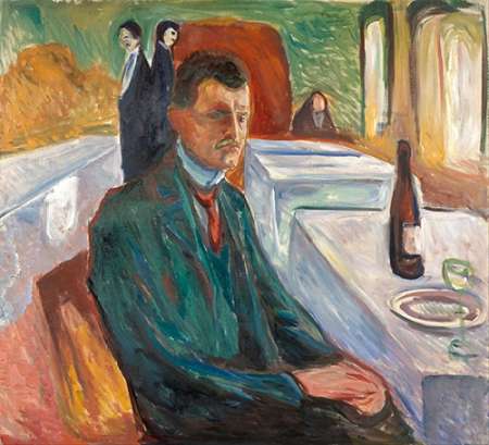 Wall Art Painting id:189540, Name: Self-Portrait with a Bottle of Wine, 1906, Artist: Munch, Edvard
