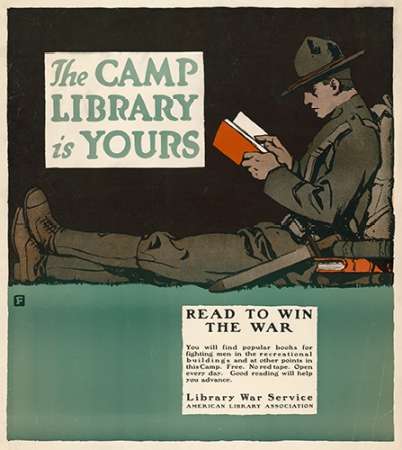 Wall Art Painting id:189559, Name: The Camp Library is Yours - Read to Win the War, 1917, Artist: Falls, Charles Buckles