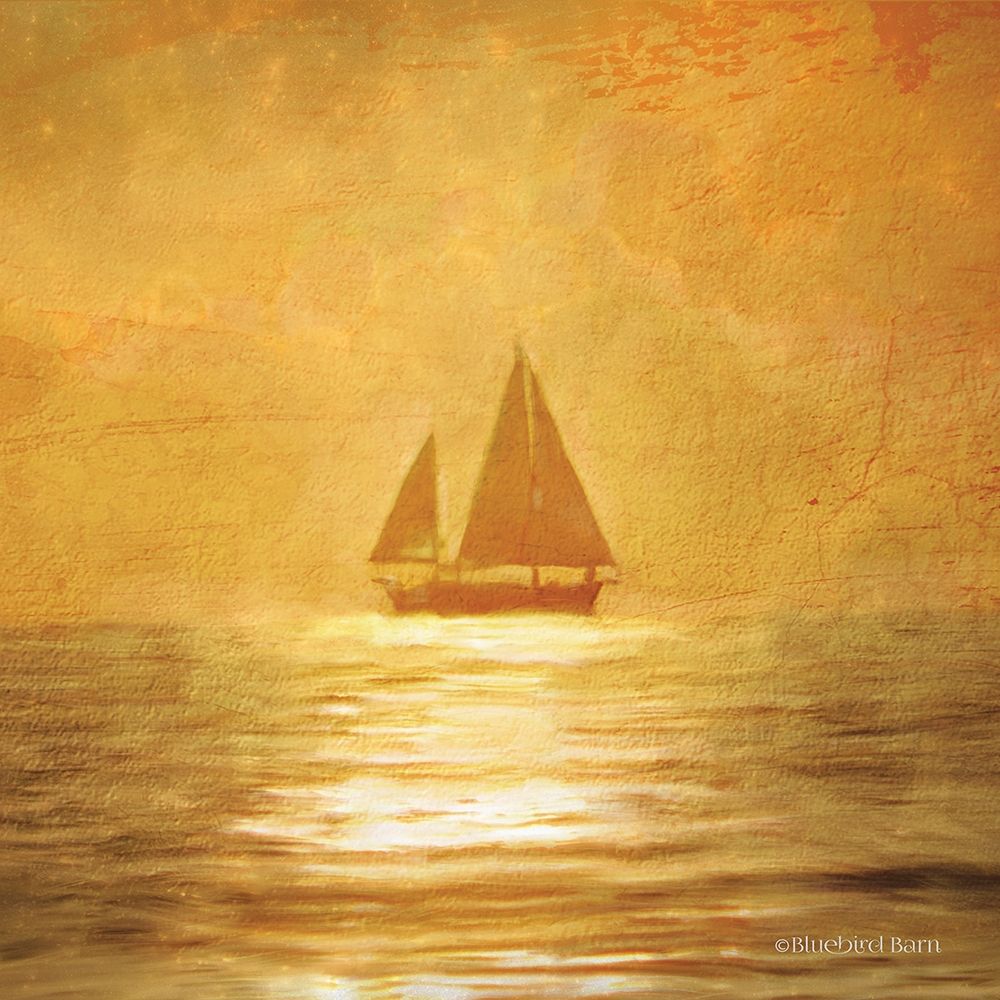Wall Art Painting id:249166, Name: Solo Gold Sunset Sailboat, Artist: Bluebird Barn