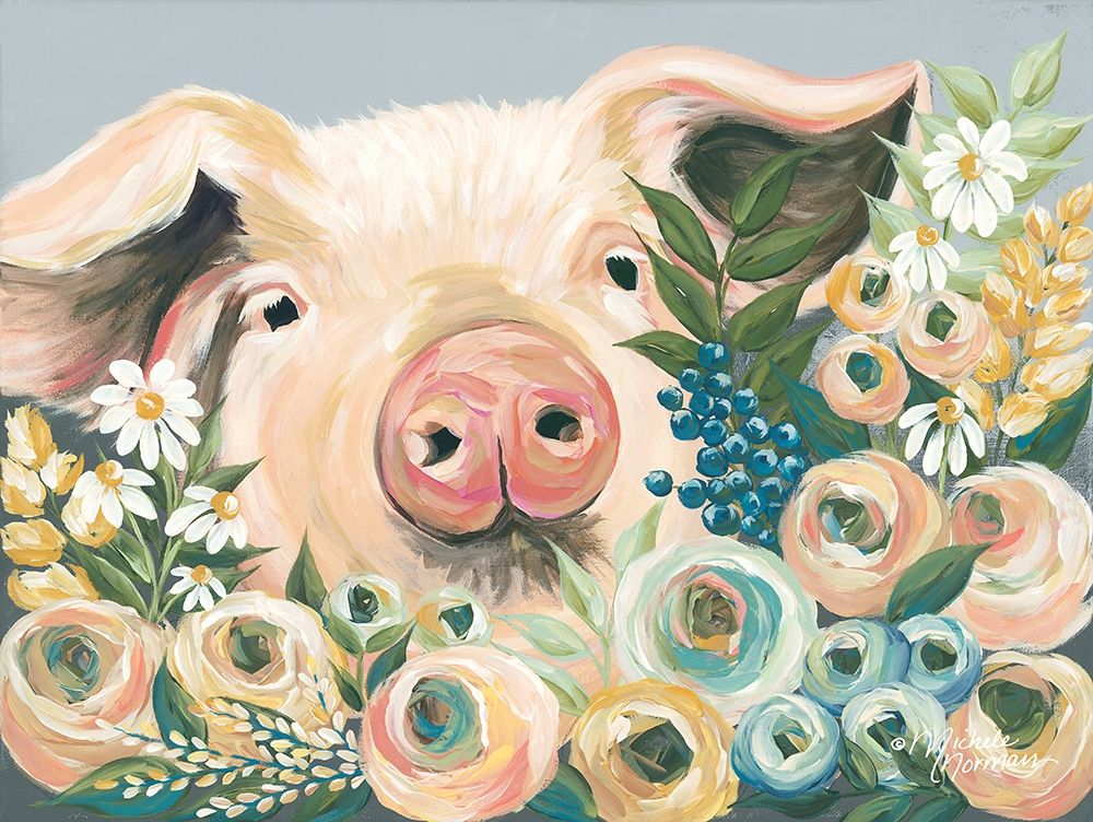 Wall Art Painting id:226370, Name: Pig in the Flower Garden, Artist: Norman, Michele