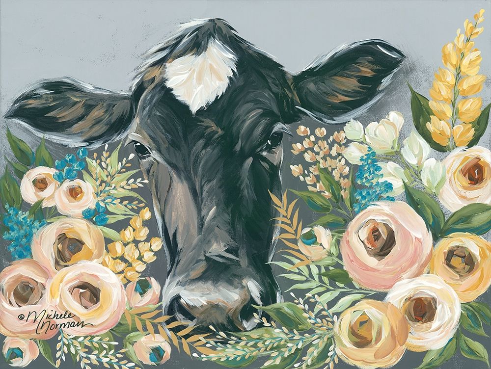 Wall Art Painting id:226371, Name: Cow in the Flower Garden, Artist: Norman, Michele
