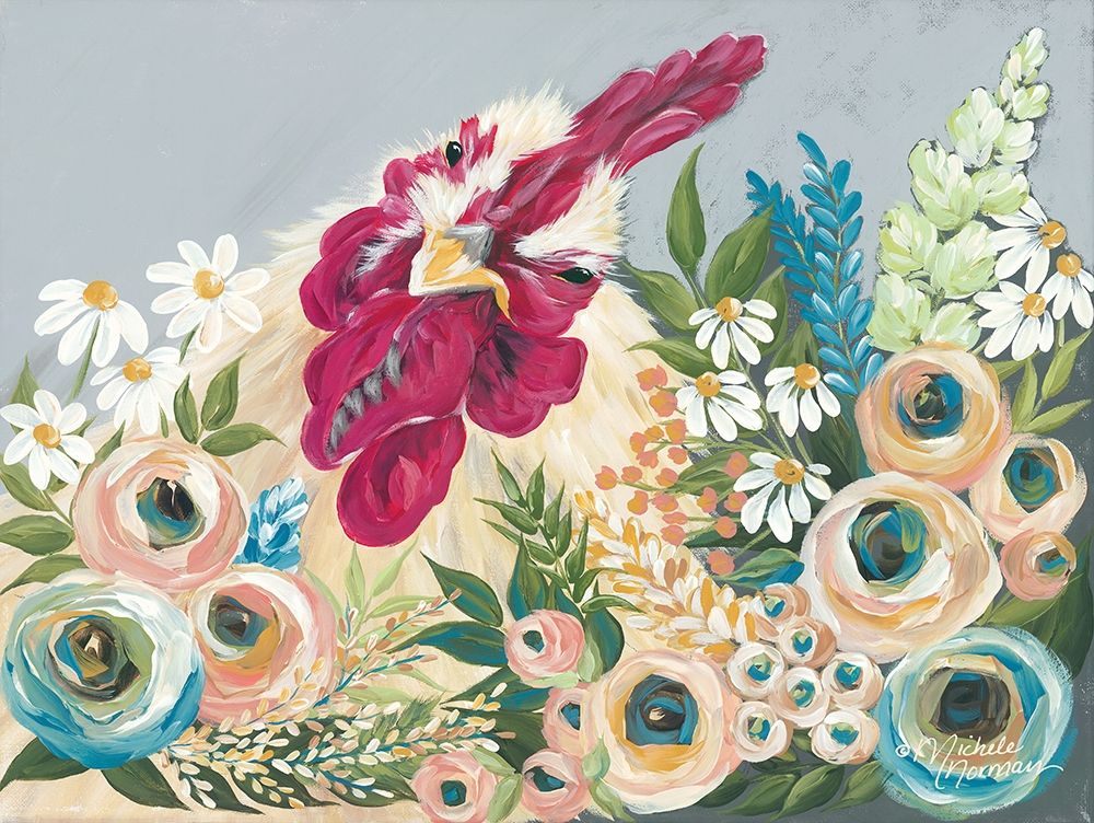 Wall Art Painting id:226372, Name: Hen in the Flower Garden, Artist: Norman, Michele