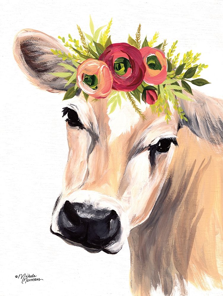 Wall Art Painting id:262343, Name: Jersey Cow with Floral Crown, Artist: Norman, Michele
