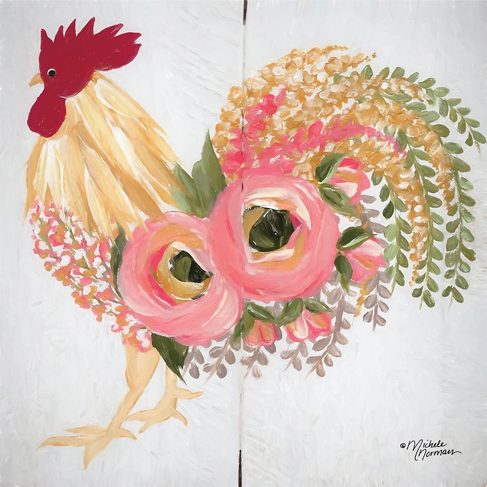Wall Art Painting id:262347, Name: Floral Rooster on White, Artist: Norman, Michele