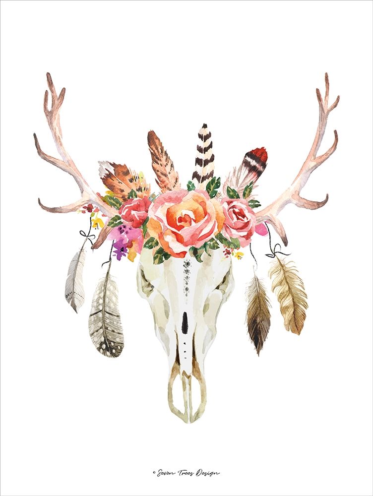 Wall Art Painting id:209159, Name: Boho Floral Feather Skull, Artist: Seven Trees Design