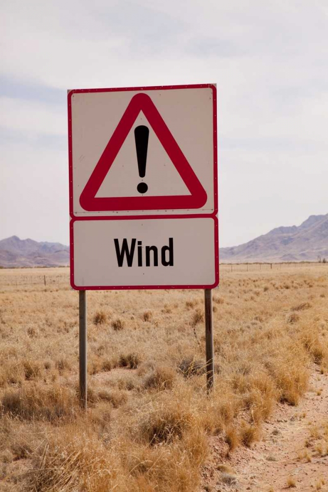 Wall Art Painting id:129970, Name: Namibia, Namib Desert Wind caution sign, Artist: Kaveney, Wendy