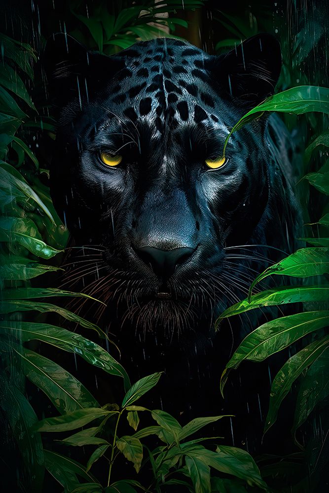 Wall Art Painting id:737276, Name: Black leopard face in a rainy jungle foliage. AI Generated., Artist: Jaynes Gallery