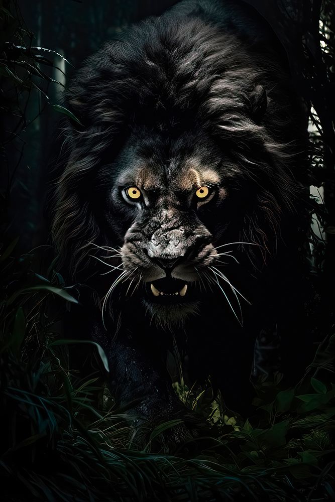 Wall Art Painting id:737303, Name: Black lion in jungle at night. AI Generated., Artist: Jaynes Gallery