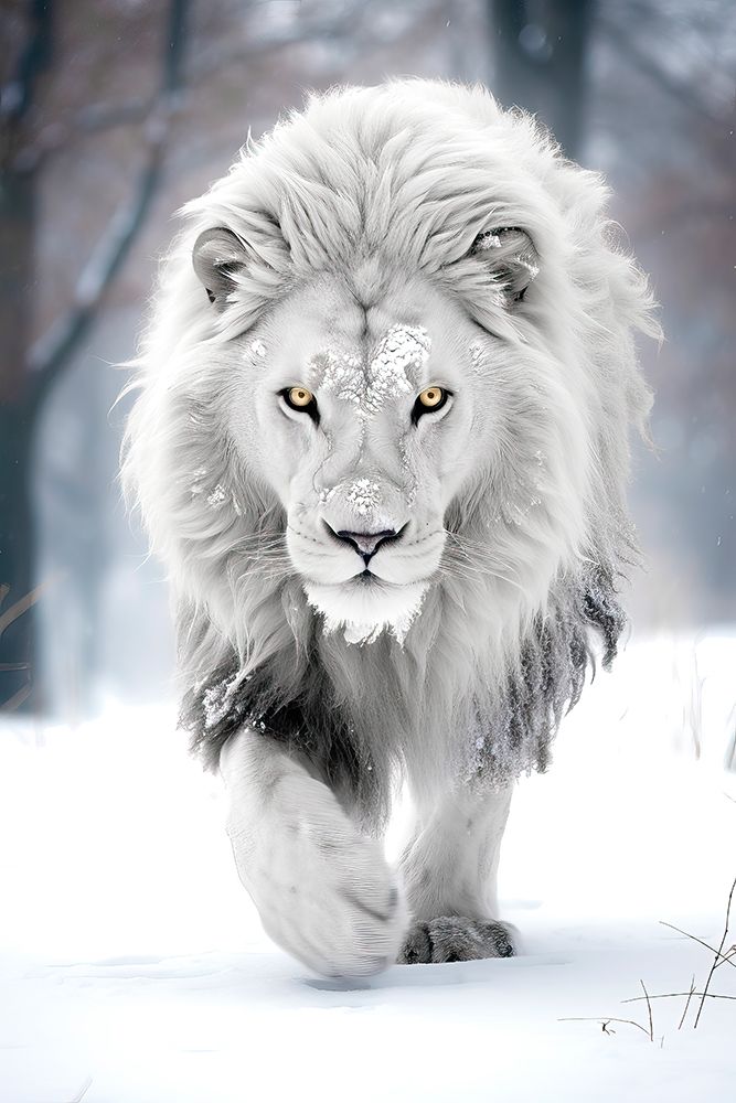 Wall Art Painting id:737309, Name: White lion walking in snow. AI Generated., Artist: Jaynes Gallery