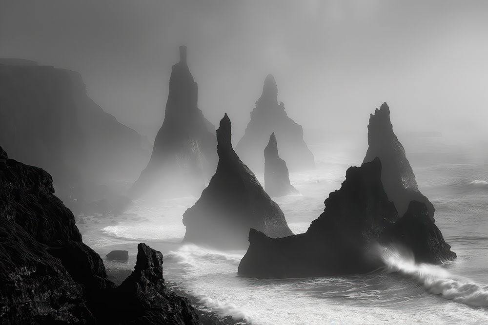 Wall Art Painting id:715834, Name: Sea stacks and ocean shore mist. (AI Generated), Artist: Zuckerman, Jim