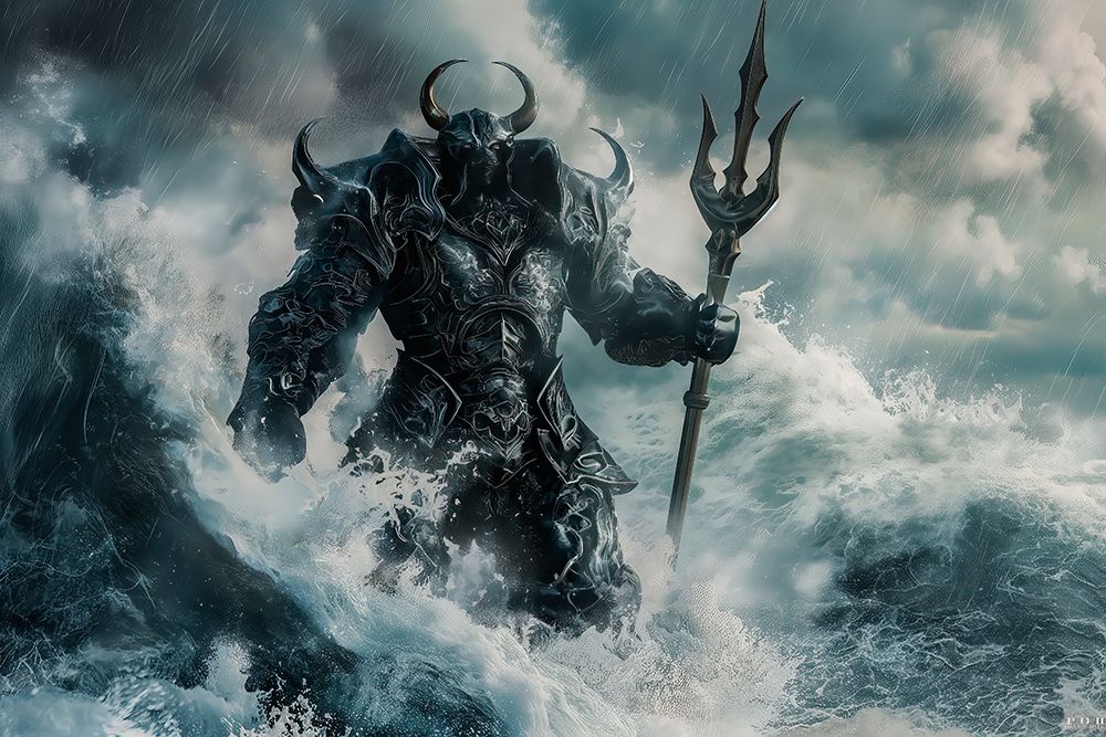 Wall Art Painting id:715845, Name: Armored alien warrior in ocean with triton. (AI Generated), Artist: Zuckerman, Jim