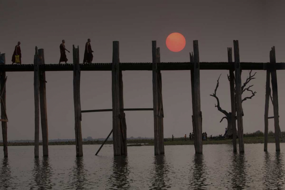 Wall Art Painting id:136799, Name: Myanmar, Amarapura Monks crossing U Bein Bridge, Artist: Zuckerman, Jim